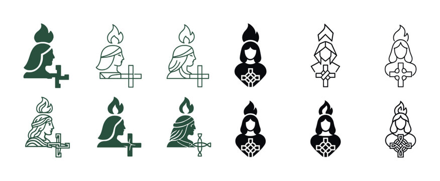 Set of saint brigid icons with celtic crosses and flames