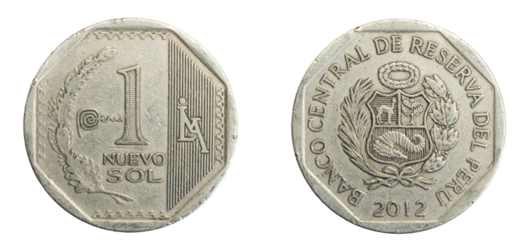 Peru one sol coin on white isolated background