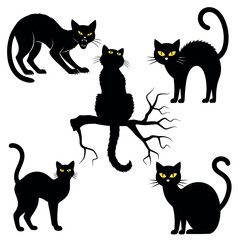 Intriguing silhouettes of sleek black cats, captured in various poses, exuding an aura of mystery and elegance, evoking feelings of intrigue and anticipation. 