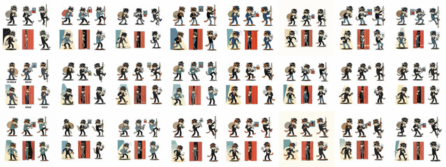 Vintage Cartoon Cat Burglar Mascot Character Set: Stealing, Sneaking, Climbing, and Holding Loot or Diamonds.
