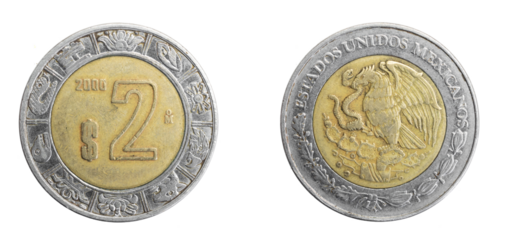 Mexico ​two pesos coin on a white isolated backgroun