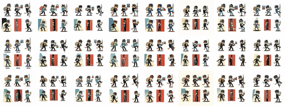 Vintage Cartoon Cat Burglar Mascot Character Set: Stealing, Sneaking, Climbing, and Holding Loot or Diamonds.