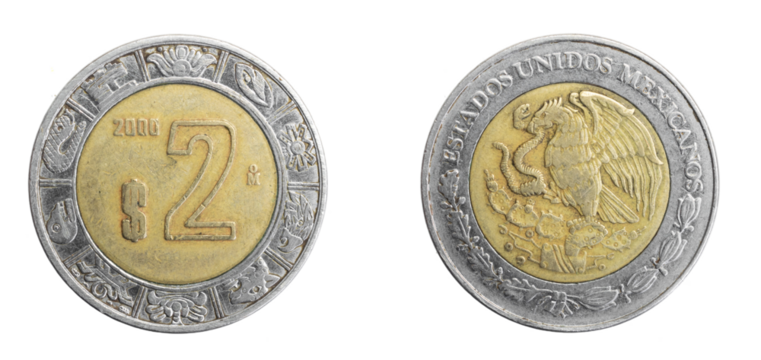Mexico ​two pesos coin on a white isolated backgroun