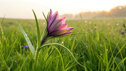 Delicate purple flower blooms in a dewy meadow at sunrise