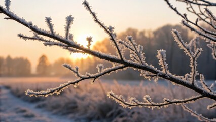 Frosty tree branches glimmer in golden sunrise light