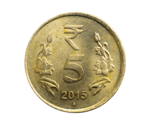India five rupees coin on a white isolated background
