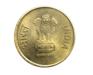 India five rupees coin on a white isolated background