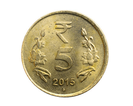India five rupees coin on a white isolated background