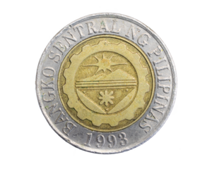 Philippines ten piso coin on white isolated background