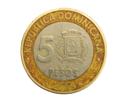 Dominican Republic five pesos coin on white isolated background