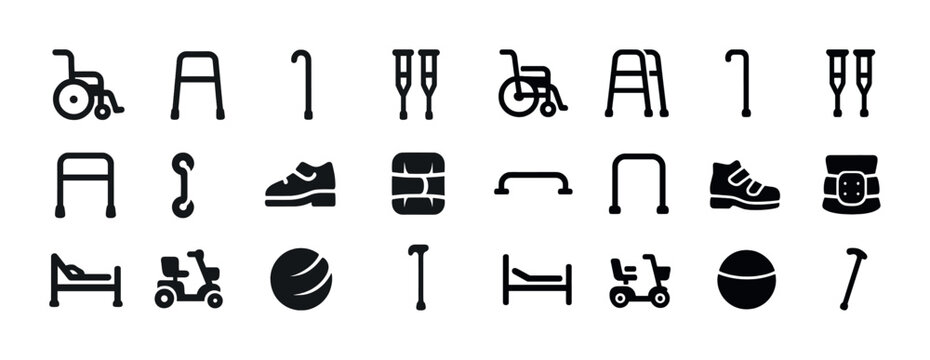 Assistive mobility icon set: wheelchairs, walkers, crutches, canes, scooters