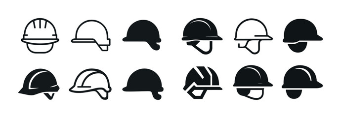 Various construction and safety helmet icons in black and white