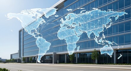 Global Business Expansion - World Map Overlay on Modern Building.