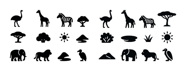 Obraz premium Silhouettes of safari animals and plants on white background