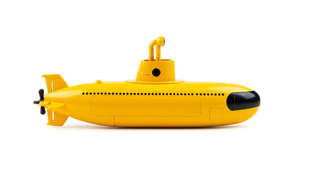 Vibrant yellow toy submarine floats cleanly isolated on a brilliant white background under bright studio lighting.. AI Generated