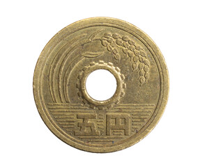 Japan five yen coin on white isolated background