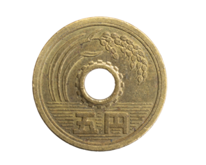 Japan five yen coin on white isolated background