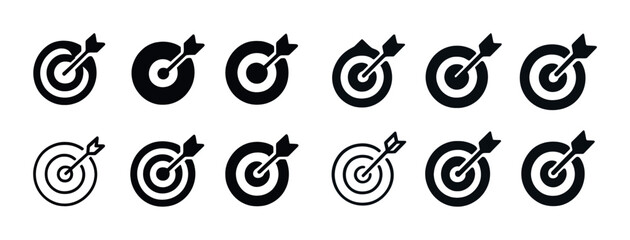 Black and white target icons with arrows aligned horizontally in two rows