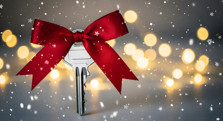 House key with a red ribbon presented as a Christmas gift. Real estate and new home concept for the winter holidays with falling snow and bokeh lights