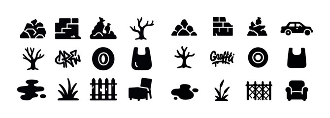 Collection of urban and nature silhouettes: trees, cars, graffiti, fences, bags