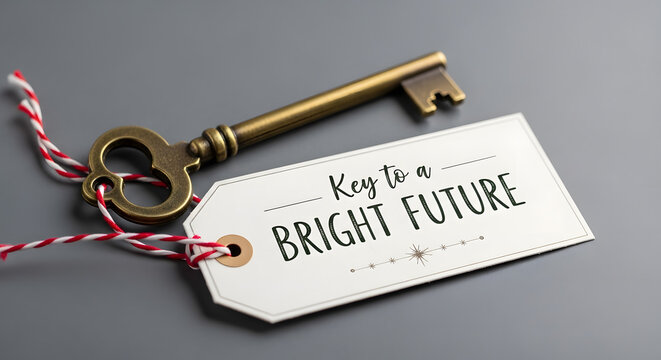 Key to a bright future message on a tag with an antique key. Motivational concept for success, career goals, and new beginnings