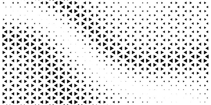 Fading triangle halftone texture gradient pattern. Abstract diagonal geometric background. Tech mosaic triangular halfton gradation. Modern trendy design in Vector Illustration