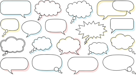 Fototapeta premium Multiple speech bubble variations with black borders and empty white space for text on a white background