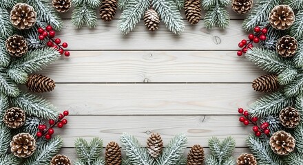 A symmetrical high-angle Christmas flat lay featuring light wooden planks framed by frosted evergreen branches, snow-dusted pine and fir needles, pine cones, and vibrant red berries. Natural lighting 