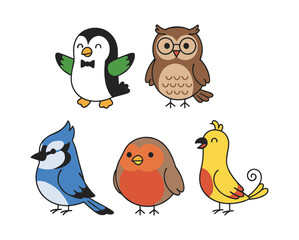 Obraz premium Cute cartoon birds standing smiling different characters