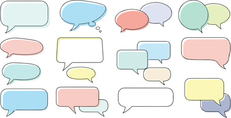 Multicolored speech bubbles with black outlines are arranged in a grid on a white background