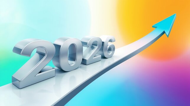 2026 year cubes on road with bold arrow forward concept progress strategy and future direction motivational business vision for banner poster and calendar cover