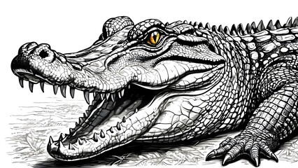 Fototapeta premium Black and white drawing of a crocodile with its mouth open showing teeth, texture, and natural posture in realistic style capturing the reptile in its environment