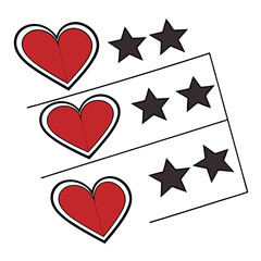 Three Red Hearts and Six Black Stars Arranged on White Background symbols