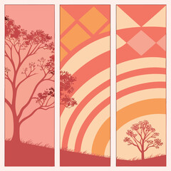 Three vertical panels with trees and abstract geometric patterns vector illustration