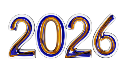 Glass 2026 Numbers with Blue Orange Liquid Swirls, Isolated on Transparent Background