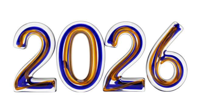 Glass 2026 Numbers with Blue Orange Liquid Swirls, Isolated on Transparent Background