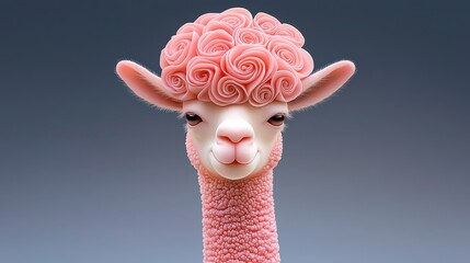 Naklejka premium Cute Alpaca with Pink Floral Hairstyle Against Gradient Background