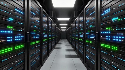 Futuristic data center server room corridor, blinking LED lights, cloud computing concept 4k - Powered by Adobe