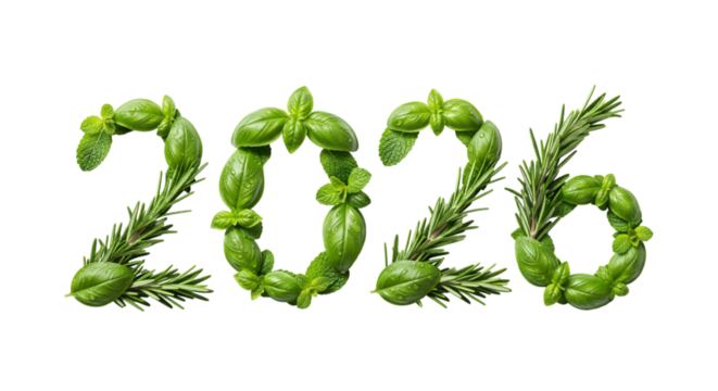 Fresh Herbs Arranged to Form the Year 2026 Isolated on Transparent Background