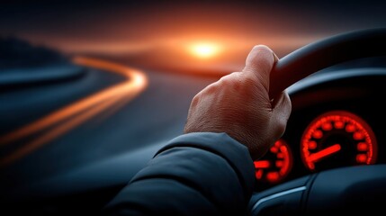 Professional automotive driving scene capturing a driver navigating the road at sunset with dashboard view, emphasizing speed, control, and scenic travel experience