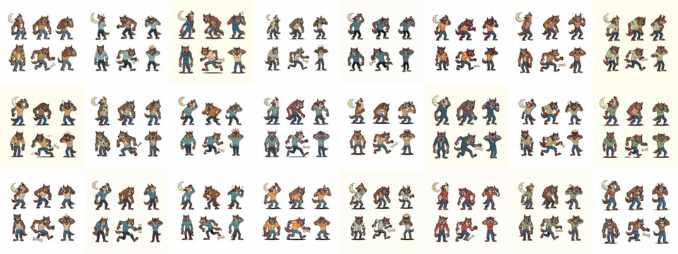 Huge Vector Collection of Cartoon Werewolves in Various Action Poses, Howling at the Moon, Running, and Showing Monster Transformation States.