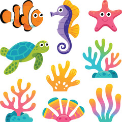 Coral Reef Creatures  Flat Vector Mini-Illustrations for Kids