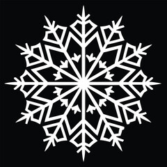 White geometric snowflake illustration on a black background winter crystal