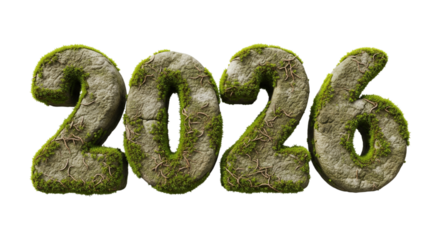 Future 2026 Numbers Carved from Mossy Stone Isolated on Transparent Background