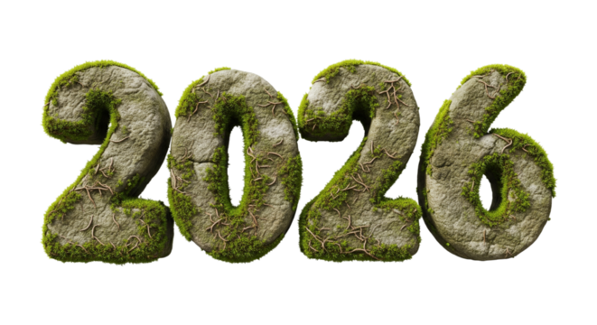 Future 2026 Numbers Carved from Mossy Stone Isolated on Transparent Background - Powered by Adobe