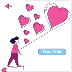 Woman looking at floating pink hearts with free trial button love girl