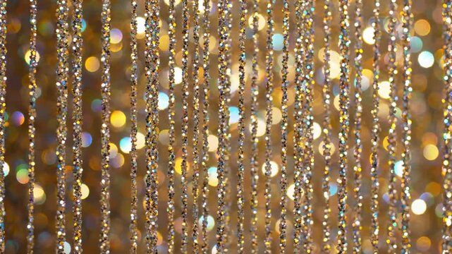 Shiny Gold String Curtain Sparkling With Bokeh Lights