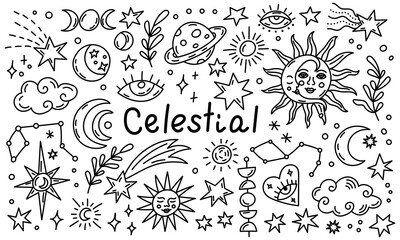 Celestial doodle illustration with stars moons and planets