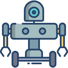 Fototapeta premium Modern Robot Character With Blue Eye Camera And Gripper Arms On Wheels In Grey And Blue Color Scheme With A Transparent Background