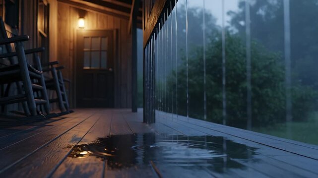 Rain on a porch creating calm reflections during a tranquil evening